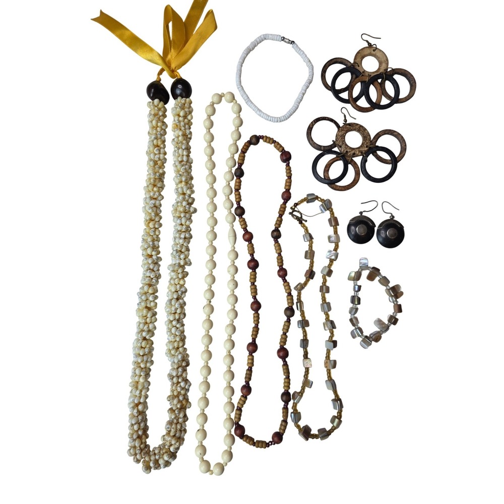 Natural‎ Shell Wood Jewelry Lot Coastal Lei Necklaces Earrings Bracelet 9pc C2